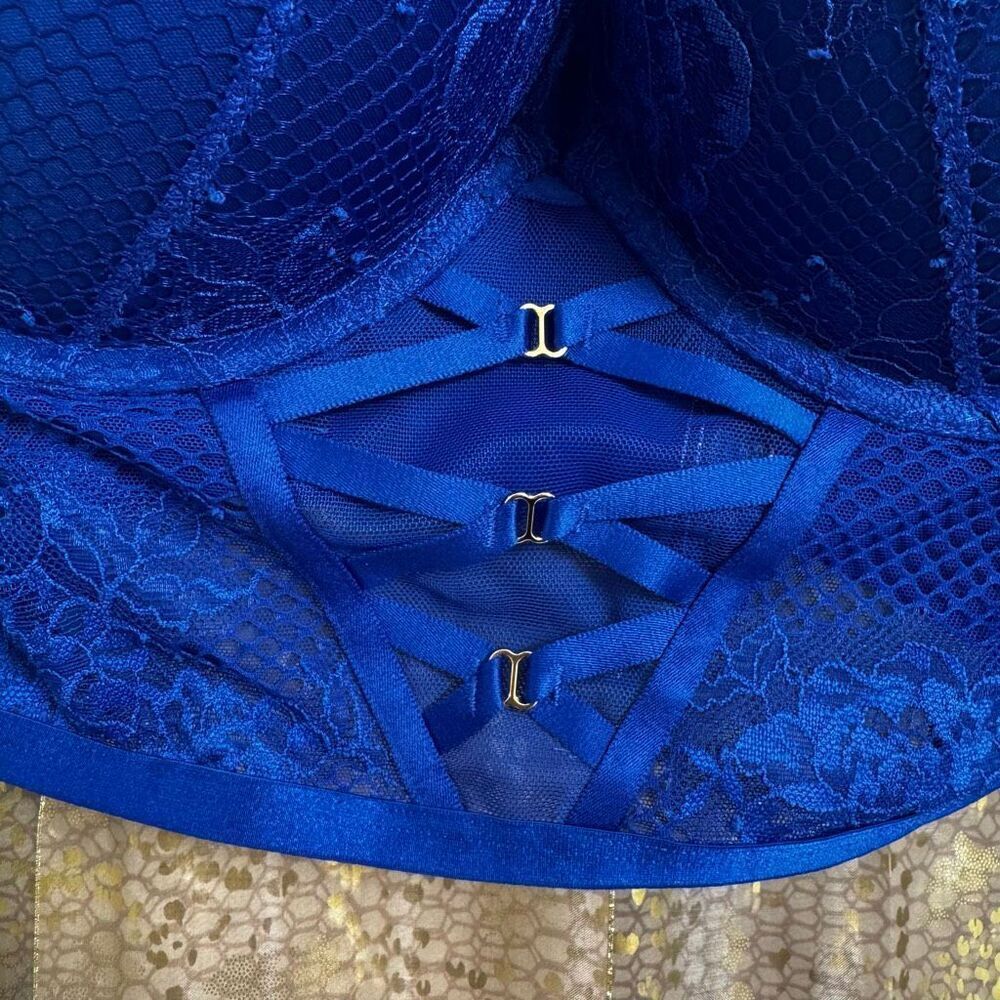 Victorias Secret Royal Blue Lace Corset Bombshell Plunge Push Up Bra 34D - Picture 4 of 14